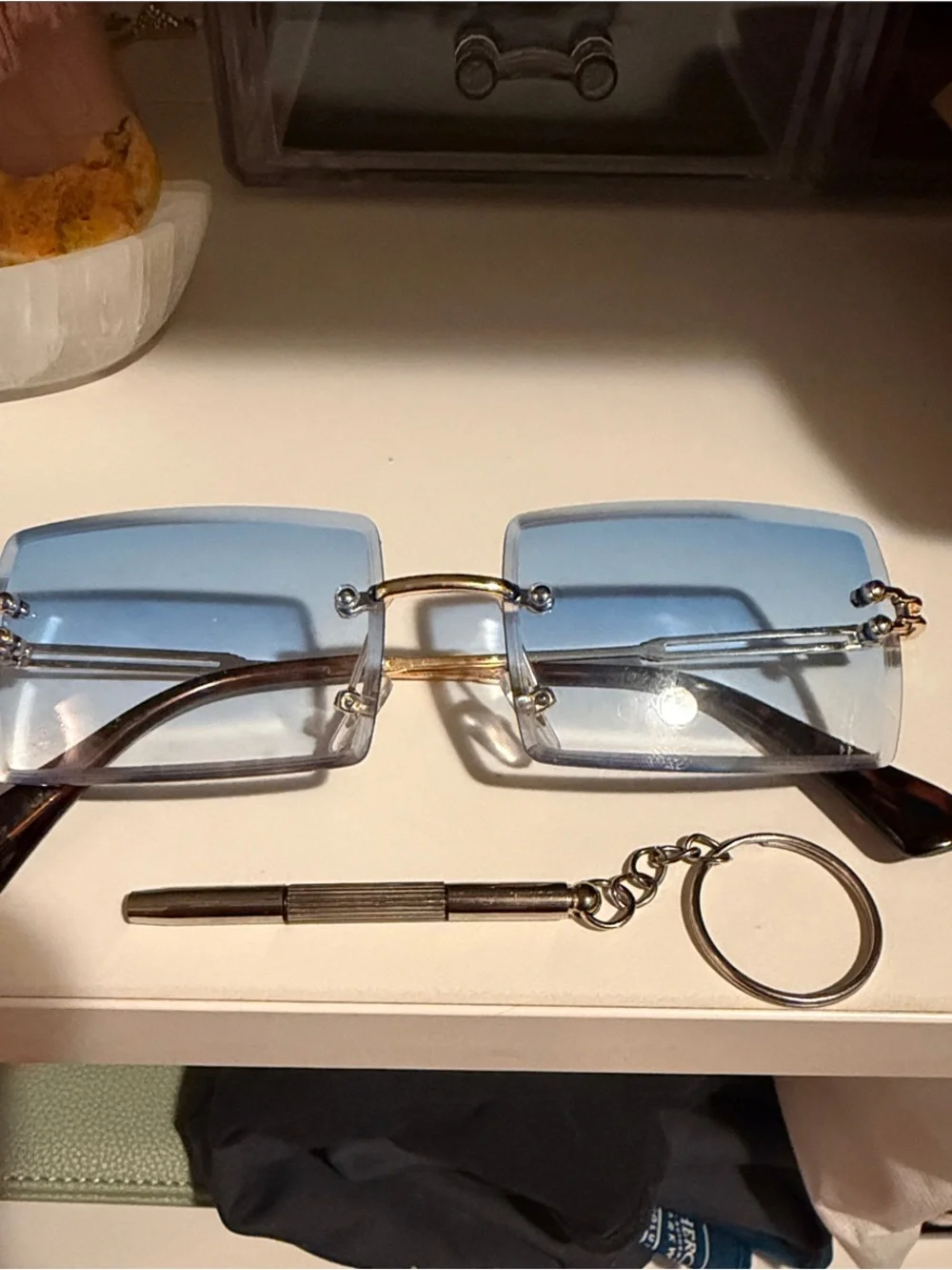 Rimless Square Sunglasses - Light Blue Lenses
